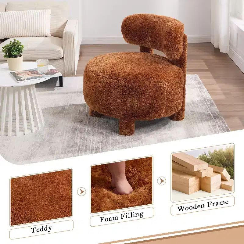 Upholstered Accent Chair Armless Side Chair with Curved Backrest, Teddy/Fur, White/Khaki - ModernLuxe