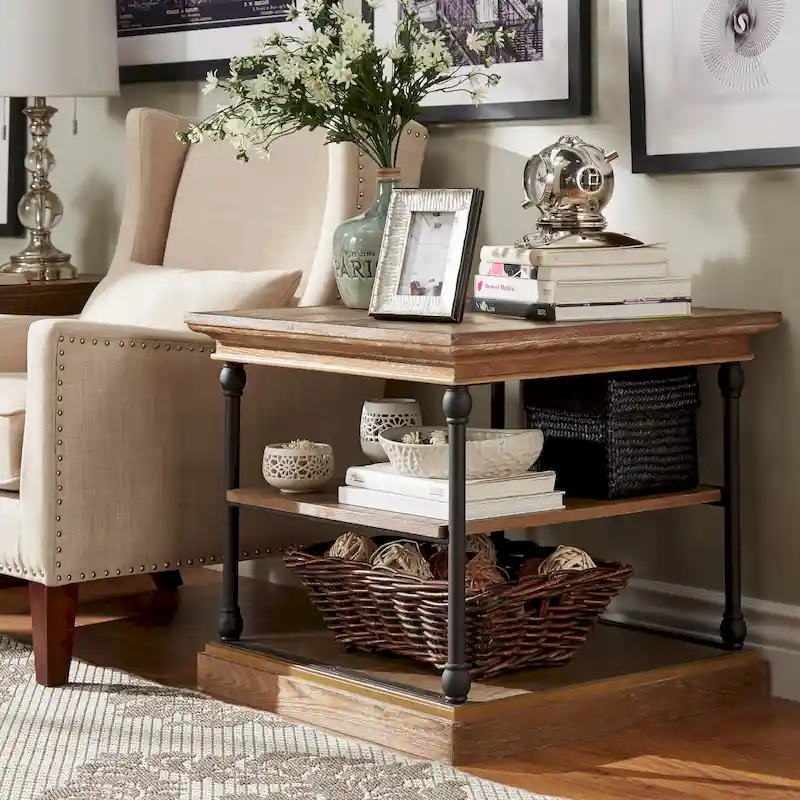 Cornice Accent Storage Side Table, Open Shelving, Black Metal Frame