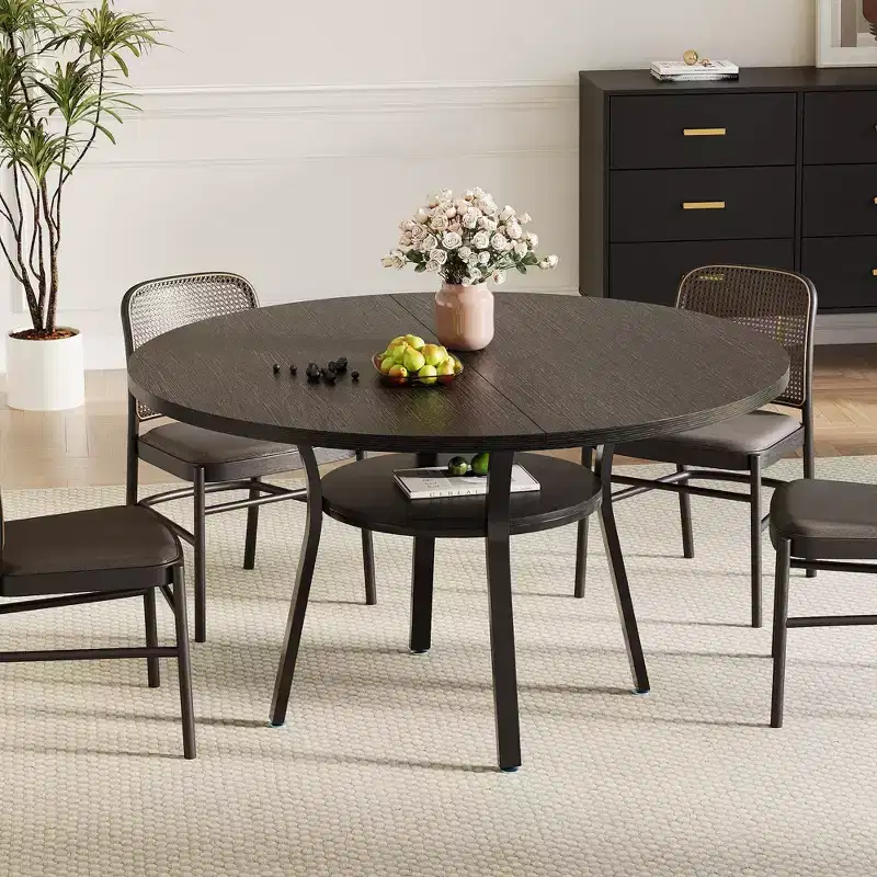 Round Dining Table for 4-6, 47 Kitchen Table w/Storage, Wooden Circle Dinner Table with Metal Legs, Modern Dining Room Tables for Kitchen