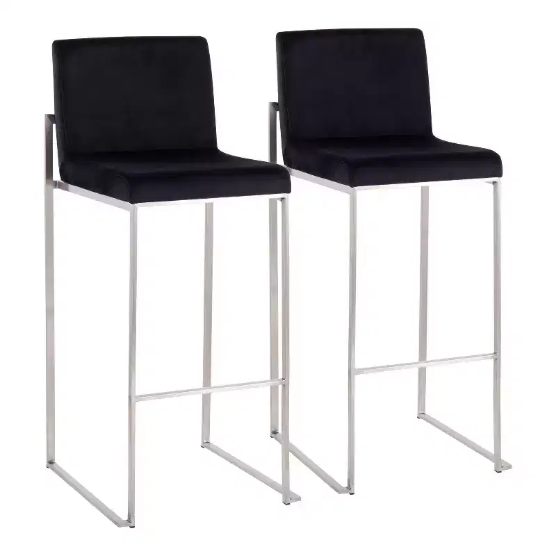Set of 2 Fuji High Back Stainless Steel/Velvet Barstools - LumiSource