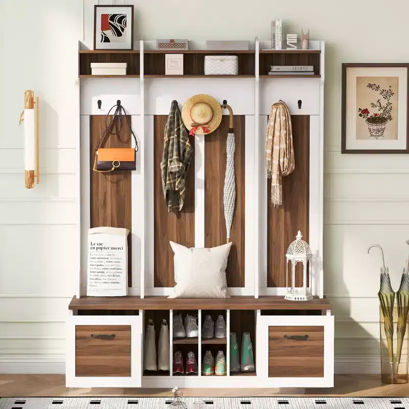 5-In-1 Coat Rack with 7 Sturdy Hooks and 2 Spacious Drawers, Wide Hall Tree with Adjustable Shelves and Metal Handles for Hallway, Brown+White