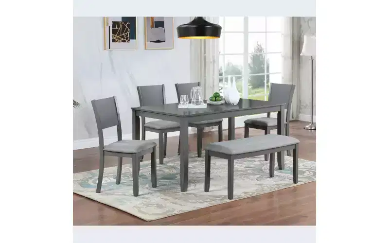 Zevemomo 6-Piece Wooden Dining Table Set, Includes Dining Table, 4 Upholstered Chairs & 1 Bench, Dining Table with Wood Legs,Grey