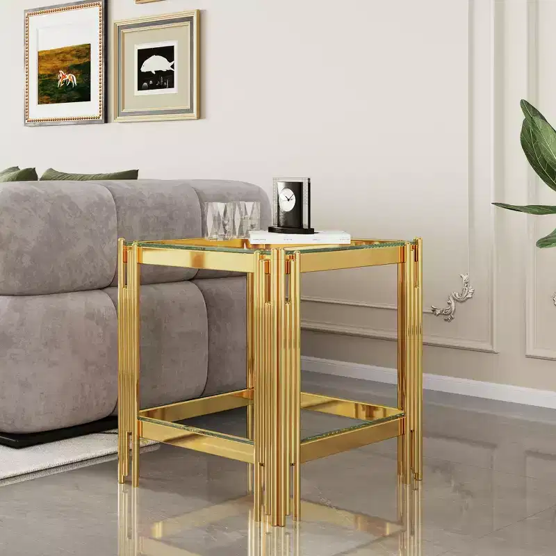 Double Layer Tempered Glass Round End Table with Mirror-Finish Stainless Steel Frame, Living Room Accent