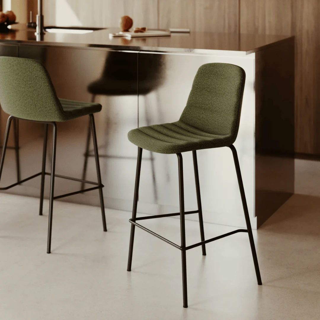 Mid-Century Green Steel Barstool with Upholstered for Kitchen