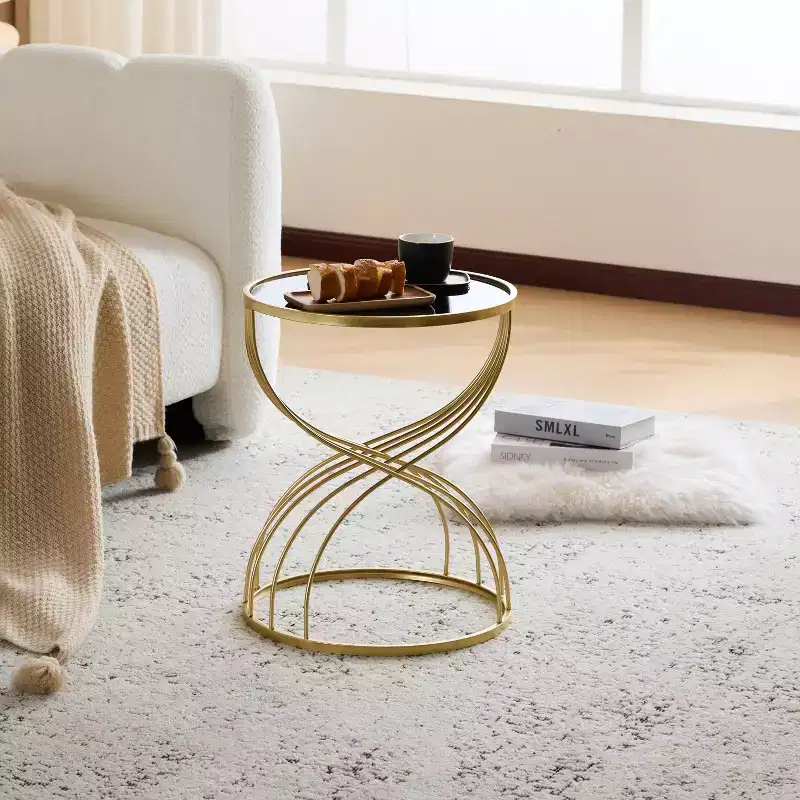 Modern Side Table Round End Table Coffee Table Bedside Table Nightstand with Golden Metal Frame and Black MIirror Top