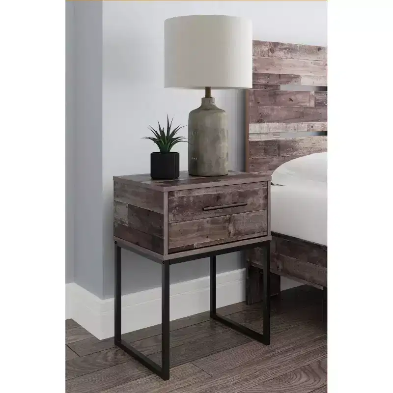 Neilsville Nightstand Black/Gray/Beige - : Rustic Mid-Century Modern, Metal Frame, Drawer