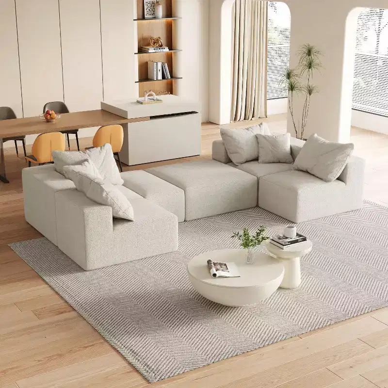 132 inch Beige Chenille L Shaped Sectional Living Room Sofa Set With 6 Pillows for Living Room