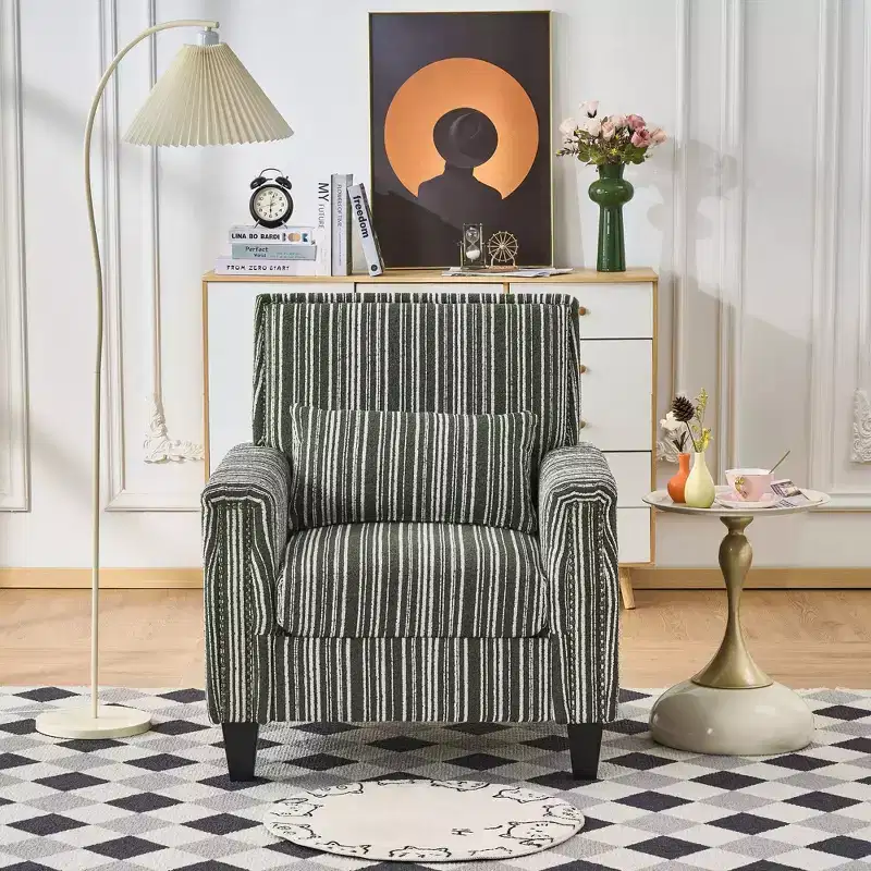Mid-Century Style Striped Fabric Lounge Armchair with Nailhead Trim - Accent Chair for Living Rooms and Relaxation Areas