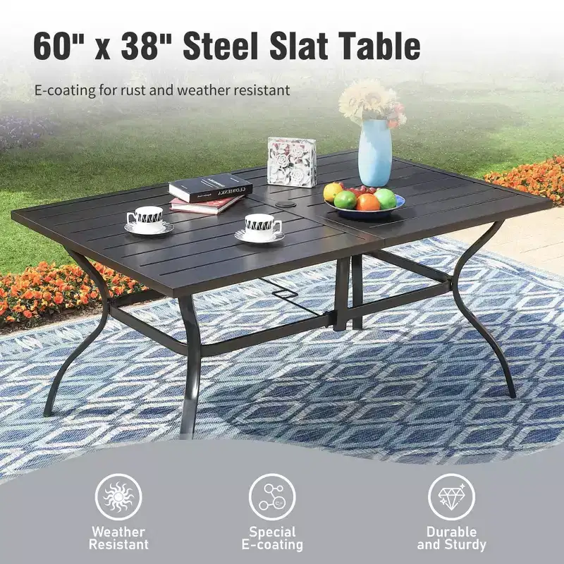 Captiva Designs 7pc Outdoor Dining Rectangular Slat-top Steel Table & Beige Rattan Fixed Chairs