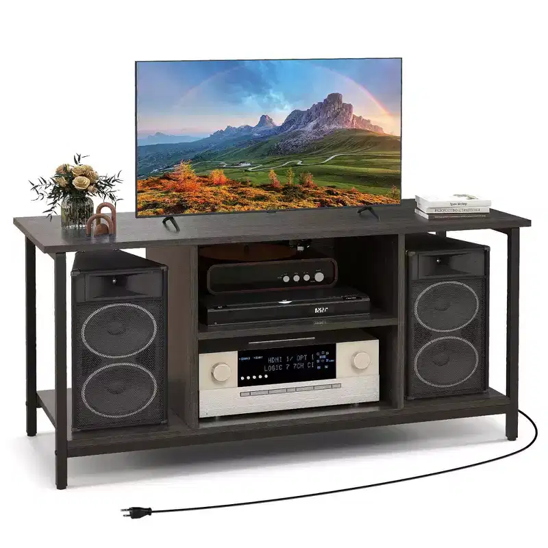 Costway TV Stand with Power Outlet USB & Type-C Port 3-tier TV Console Table Grey