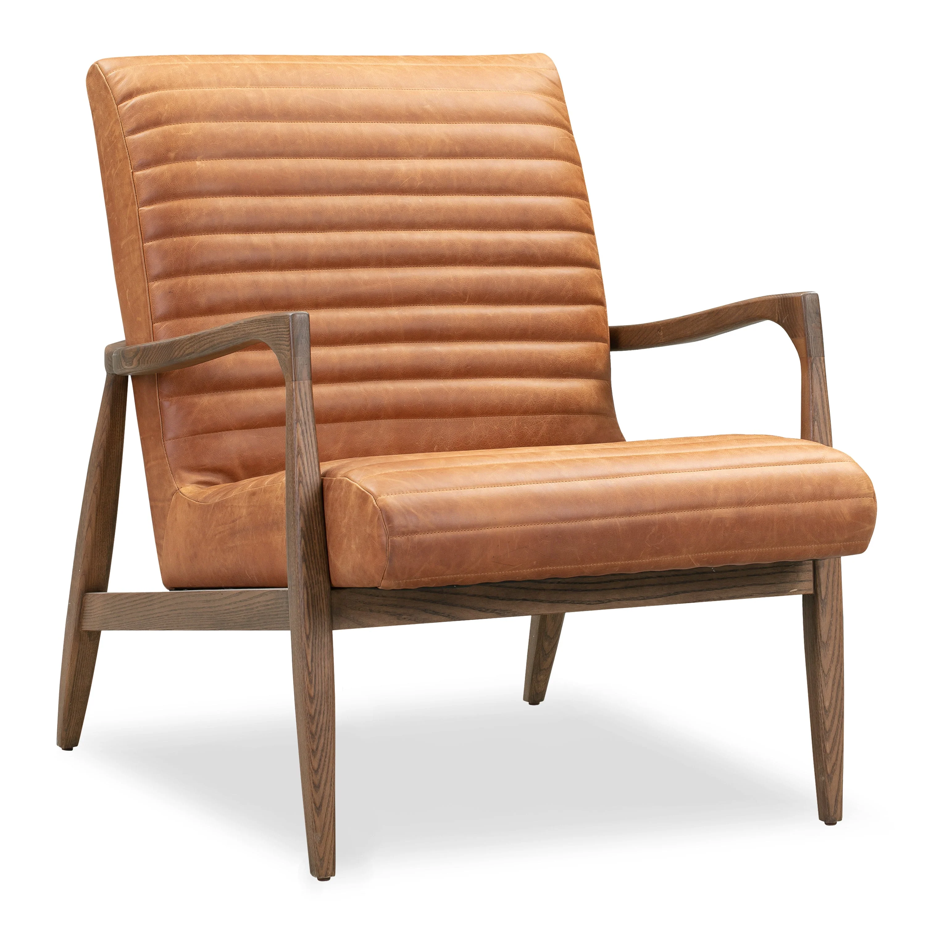 Mid-Century Modern Cognac Tan Leather Lounge Chair with Kiln-Dried