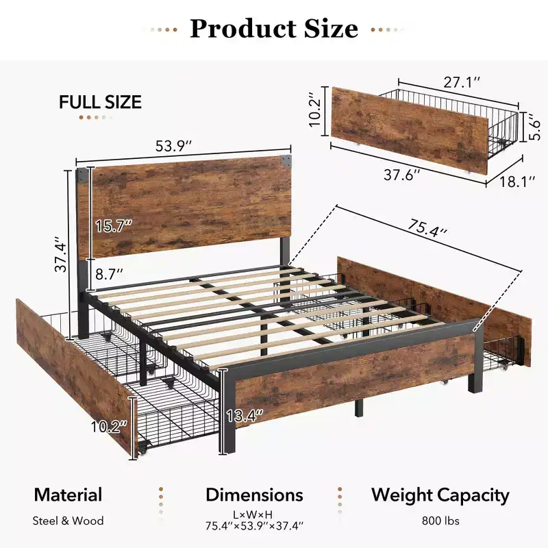 Bed Frame with Storage Drawers - Heavy Duty Metal Platform with Wooden Headboard, No Box Spring Needed, Easy Assembly, Vintage Brown