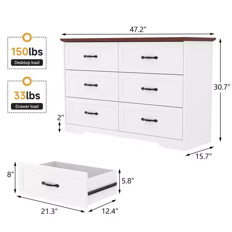 Wooden Chest of Drawers – Tall Dresser with Wide Metal Handles
