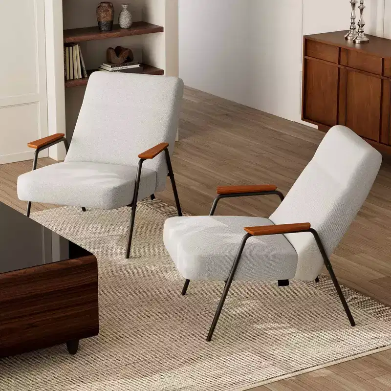 Upholstered Lounge Chair with Armrest, 120° Tilt & High-Density Foam Cushion, White Flannel