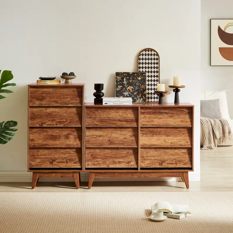 Brown 6-Drawer Double Dresser, Vintage Bevel Style