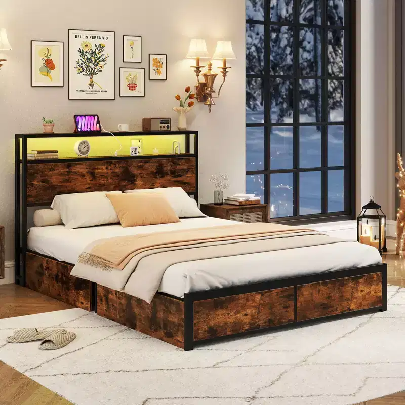 Costway Full/Queen Size LED Bed Frame w/2-Tier Storage Headboard & 4 Drawers Charging Station