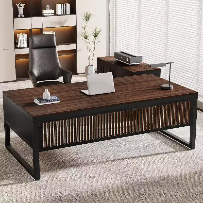 63-Inch L-Shaped Executive Desk, Modern Large Computer Desk with Mobile File Cabinet for Home Office