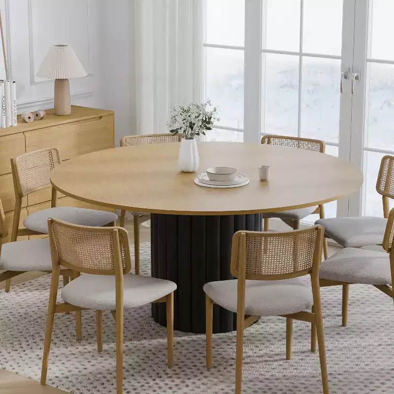 PexFix 60 Solid Wood Round Dining Table Kitchen Table for 6-8 with Tabletop & Textured Cylindrical Base for Living/Dining Room Coffee Office Natural