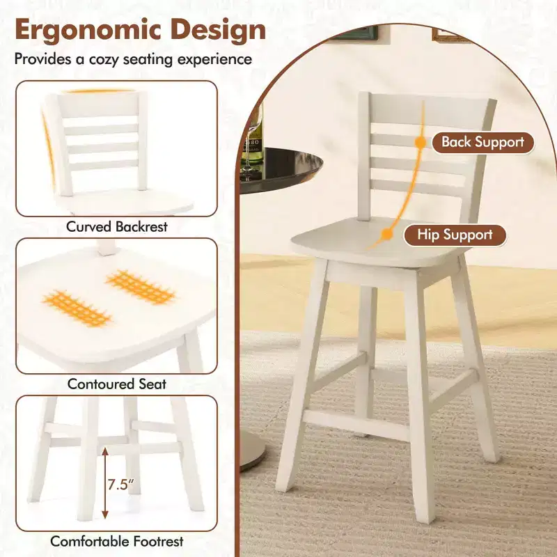Costway 2 PCS 24.5 Counter Height Bar Chairs Swivel Bar Stools with Hollow Backrest Brown/White