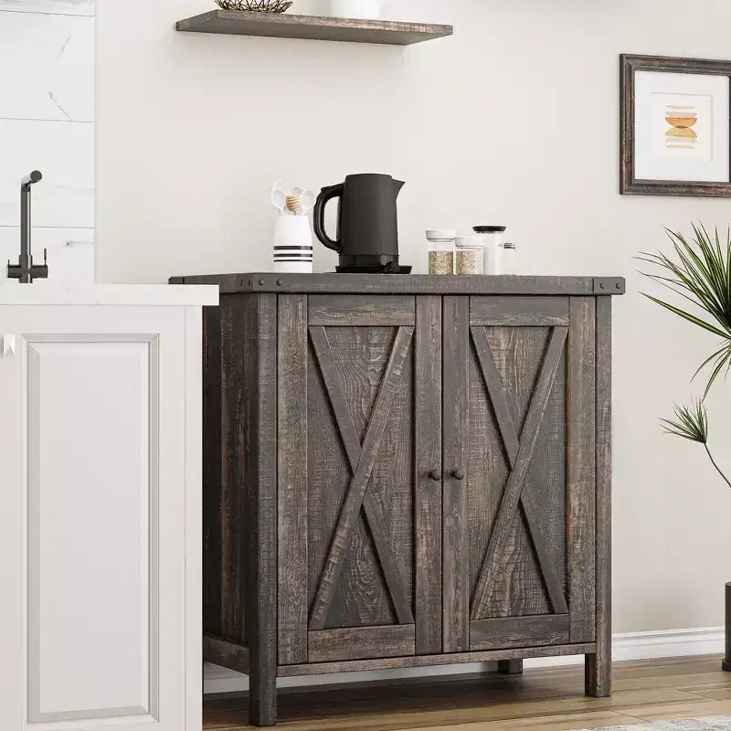 Farmhouse Sideboard with Storage, Kitchen Cabinet with Adjustable Shelves and 2 Barn Doors, Modern Wooden Dining Room Storage Cabinet