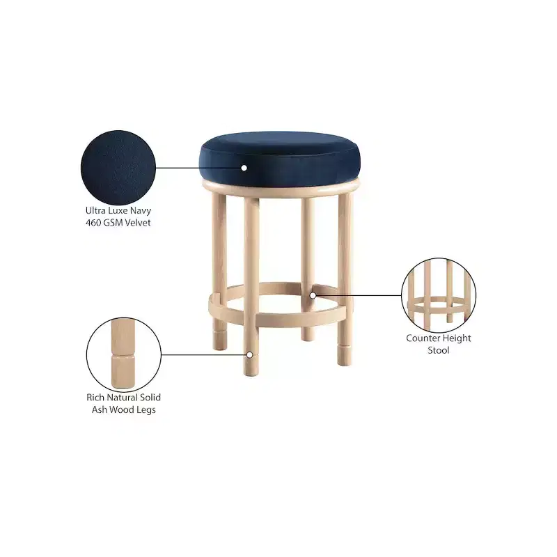 Navy Velvet Round Counter Stool, Armless, Seats 1