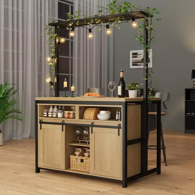 Kitchen Island , Bakers Rack with Sliding Barn Door 42'' Large Kitchen Island Table with 3-Tier Microwave Stand Oven Shelves Coffee Bar Table Set