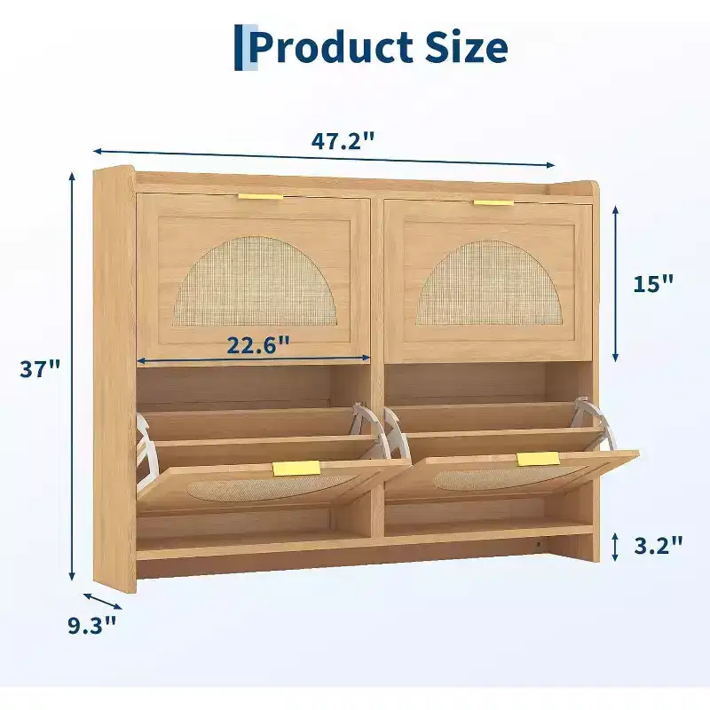 4 Flip-Drawer Shoe Storage Cabinet - Free Standing Narrow Organizer with Rattan Doors for Entryway & Hallway