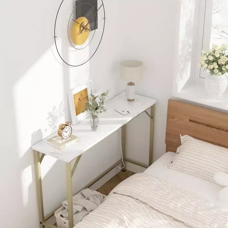 Narrow Console Table with Outlets, Golden Sofa Table for Living Room & Entryway
