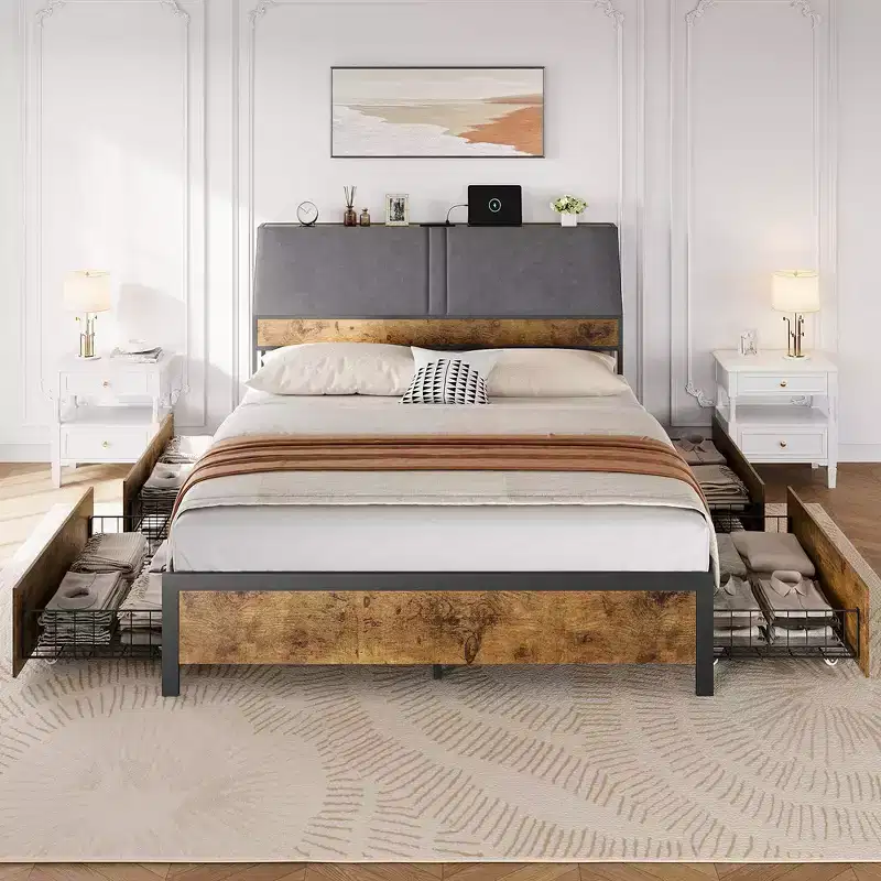 Platform Bed Frame with Charging Station, 4 Storage Drawers, Upholstered Headboard, 1000 lb Capacity, Brown