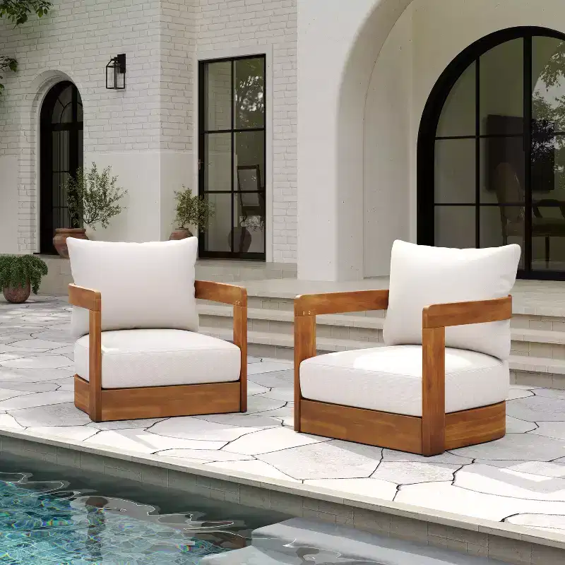 Set of 2 Premium Acacia Wood Outdoor Club Chairs with Curved Tub Design, Water-Resistant Cushions