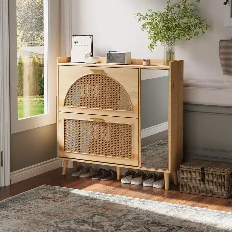 Rattan Shoe Cabinet with Mirror 2 Flip Drawers Adjustable Shelves for Entryway