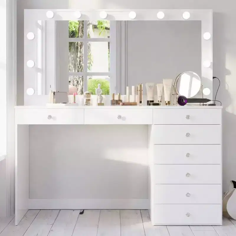 Hollywood Makeup Vanity Table, 12 LED Lights, 8 Drawers, USB Port, White, 61