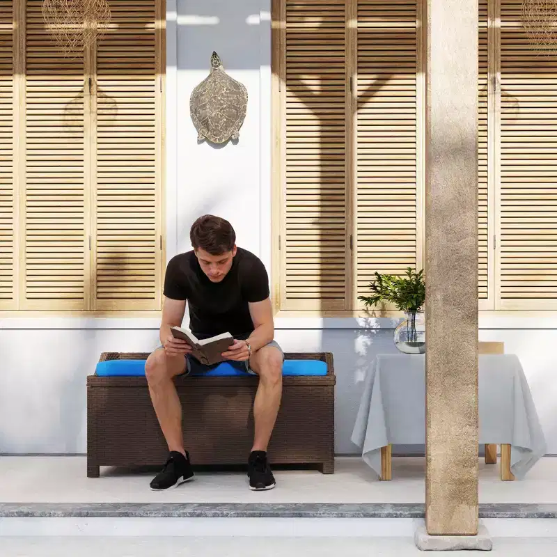 Outdoor Wicker Storage Bench with Storage & Cushion