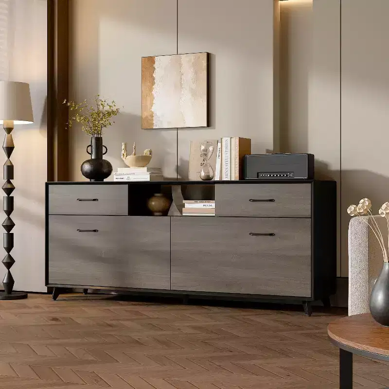 2-Door TV Stand with Flip Door Design, Gray, Modern Style