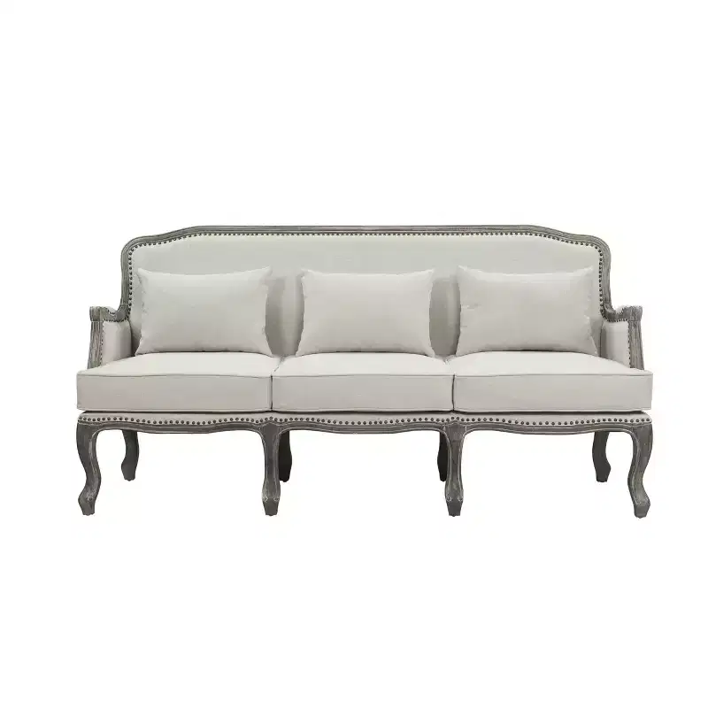 76 Tania Sofa Cream Linen, Brown Finish, Carved Detail - Acme Furniture: No Assembly, Nailhead Trim