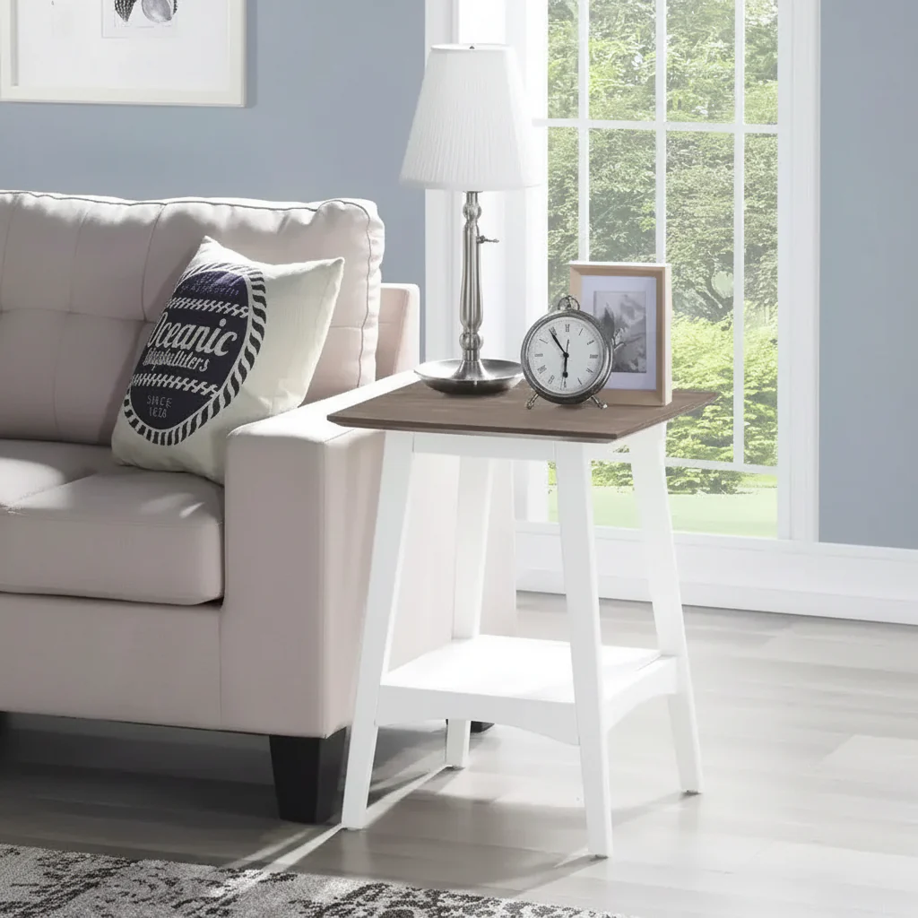 End Table with Mid-Century Modern Open Shelf Design, MDF Veneer Top and Rubberwood Legs for Living Room or Office