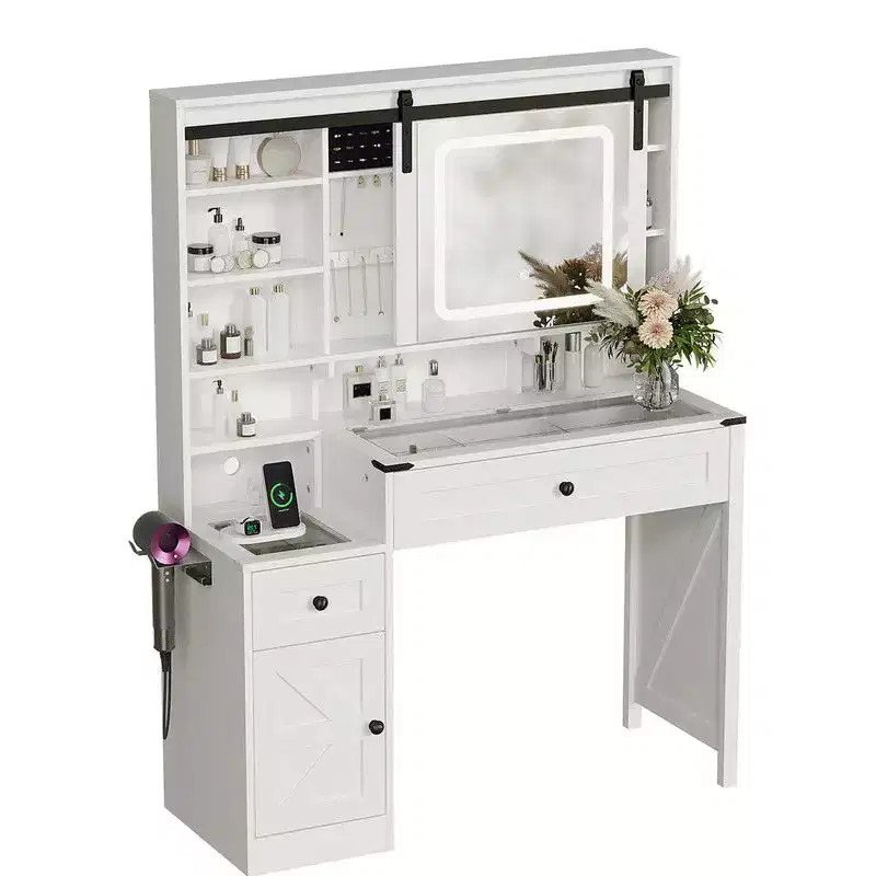 Washed White + Vintage Brown Desktop, Particle Board, Melamine Veneer, 2 Drawers and 1 Door, Glass Desktop, Barn Door Style Dressing Table
