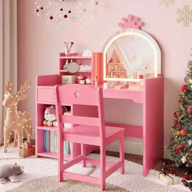 2-in-1 Kids Vanity Set with Stool, Adjustable Mirror and Storage, Playroom Makeup Desk for Toddlers and Little Girls, Easy Assembly Safe Design
