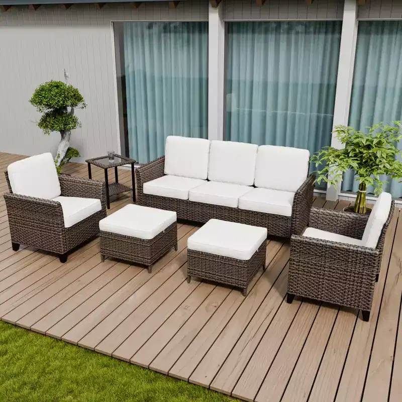 EAGLE PEAK Ocean Vista 6 piece Patio Variated Brown Wicker Sofa Set Dining Chairs, 3-Seat Sofa