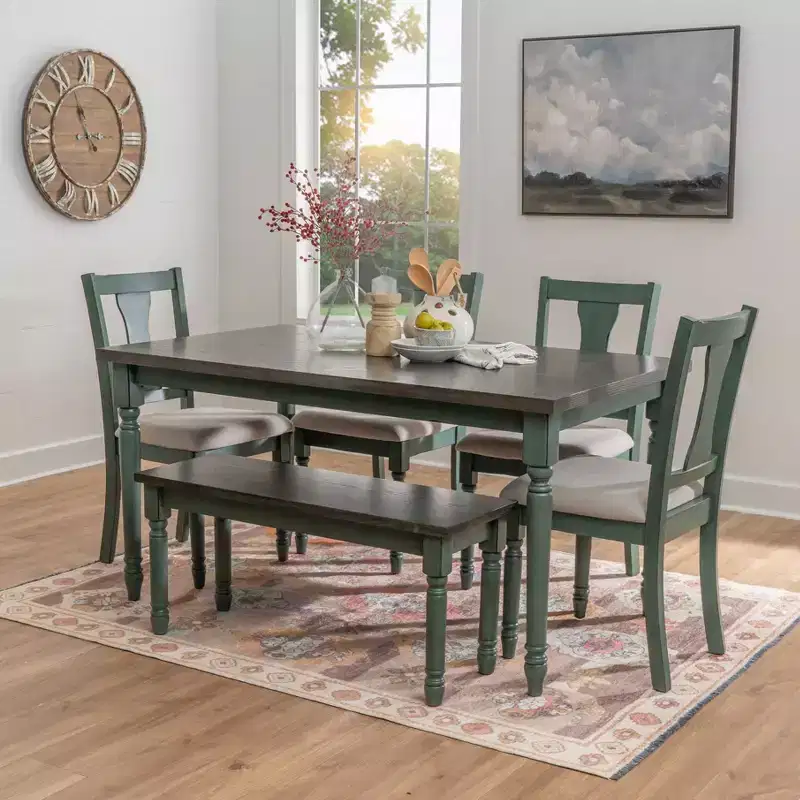 6pc Reagan Upholstered Chairs & Bench Dining Set Teal - Powell: Rustic Mid-Century, Turned Legs, Padded Seat, Rubberwood