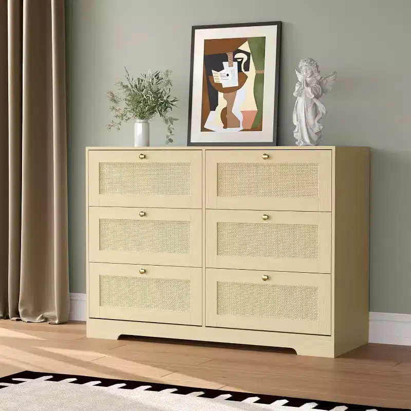 Rattan Dresser with 6/8 Drawers, Modern Boho Wooden Dresser, Wicker Chest of Drawers with Metal Handles & Solid Wood Legs, for Home Office