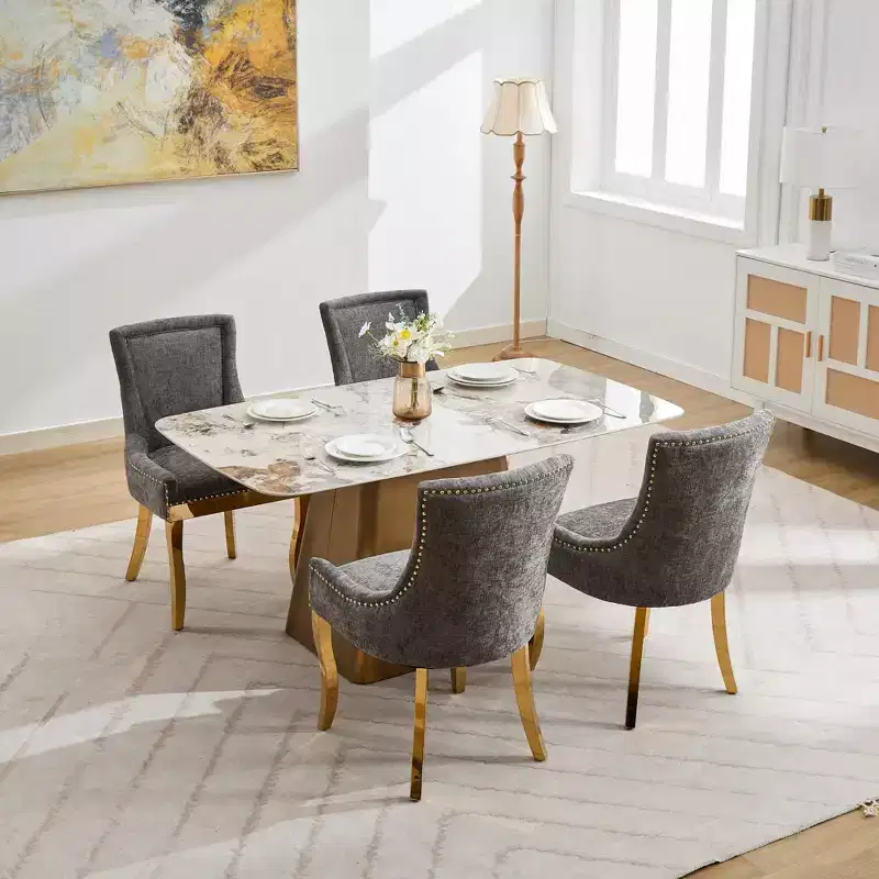 Okak Modern Chenille Dining Chairs Set of 2, Comfy Fabric Chairs with Thick Upholstered, Accent Chairs with Gold - Plated Legs Rivet Trim