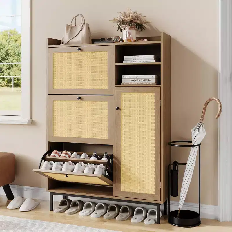 3 Flip Drawers Shoe Cabinet with 5-Tier Shelves, Freestanding Natural Rattan Shoe Storage for Entryway, Hallway & Closet