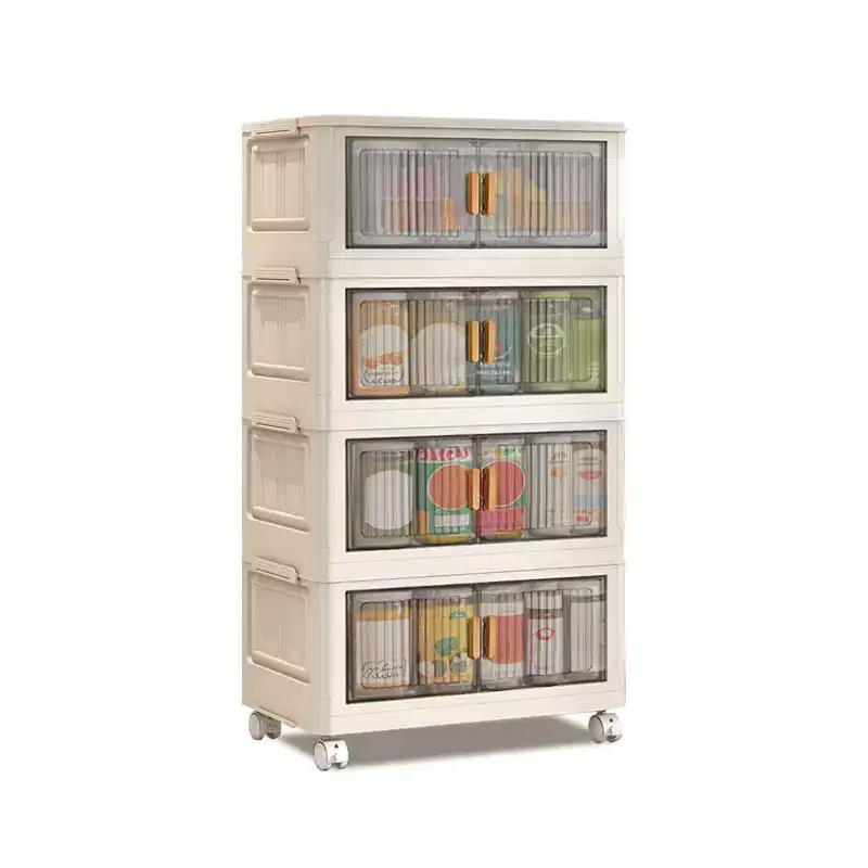 4 Tier Stackable Plastic Storage Bins with Wheels, Closet Organizers and Storage Double Door