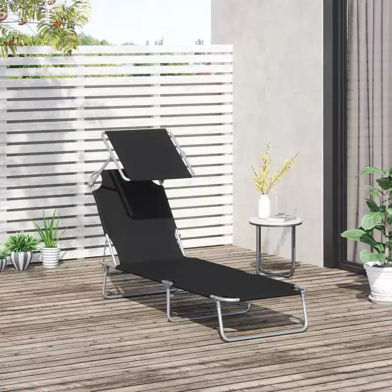 Outdoor Pool Chaise Lounge Chair, Folding Tanning Chair with Sun Shade
