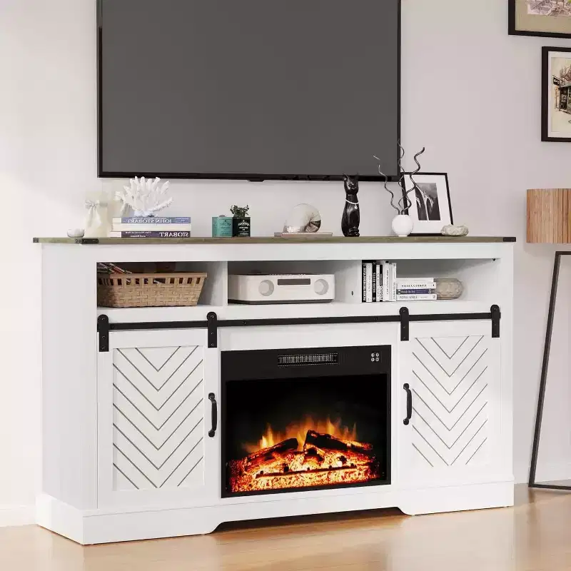 Fireplace TV Stand for 65''+, Farmhouse Entertainment Center with 23 Electric Fireplace with Remote and Sliding Bar Door