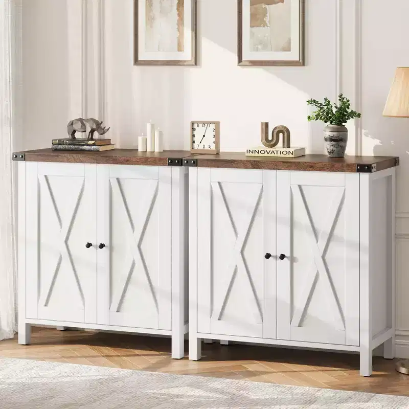 2-Pack Farmhouse Storage Cabinet with 2 Doors & Adjustable Shelves, Sideboard Buffet for Living Room, Dining Room Entryway, White+Brown