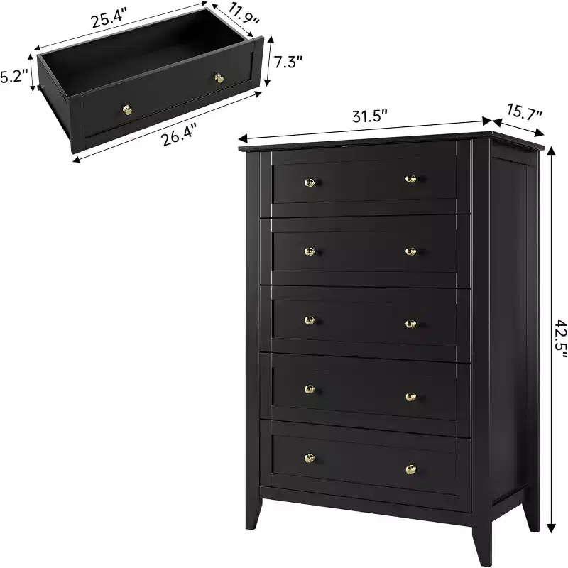 Black 5-Drawer Dresser with Metal Knobs, Single