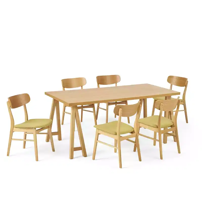 GDFStudio Alexis Mid Century Modern 7 Piece Fabric and Upholstered Rubberwood Dining Set