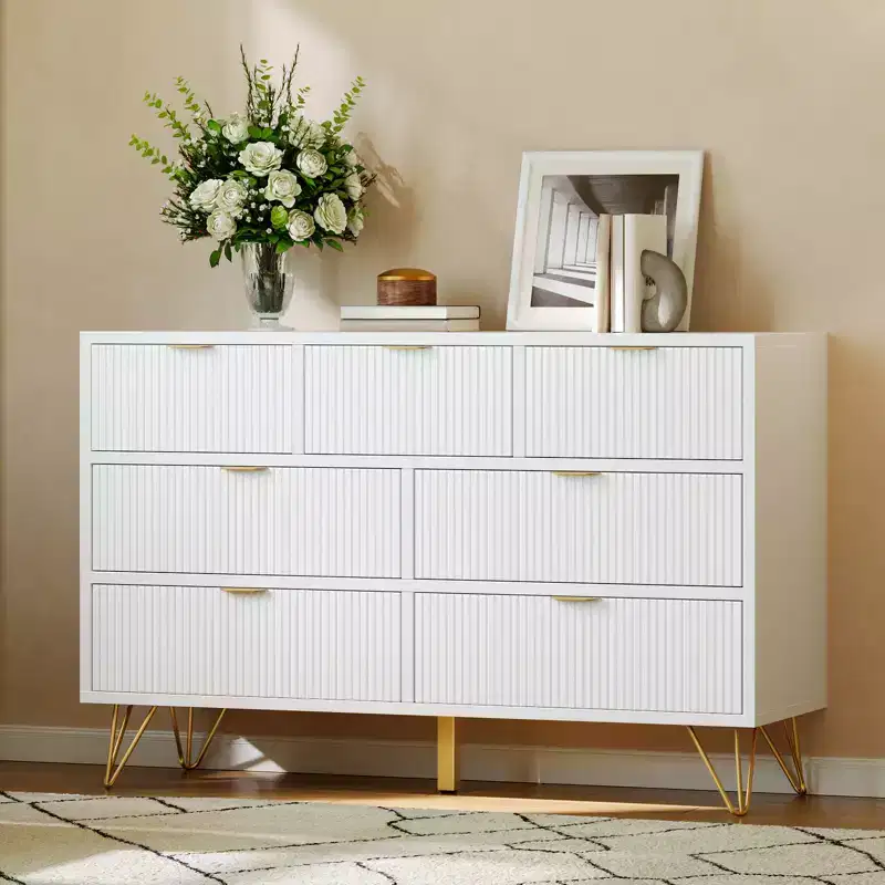 Modern Dresser for Bedroom, 7 Drawer Dresser, White Dresser,Wooden Chest of Drawer with Gold Metal Legs and Handles, Narrow Entryway Table TV Cabinet